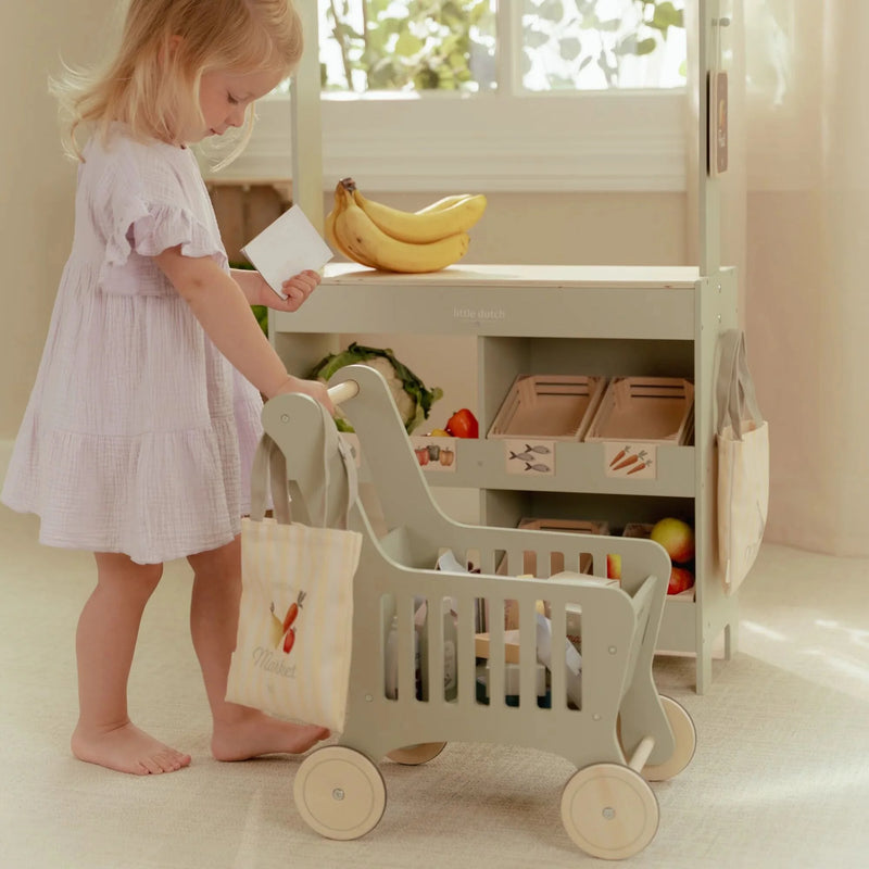 Carello della Spesa in Legno Verde con Accessori - Wooden Shopping Cart Green Essentials