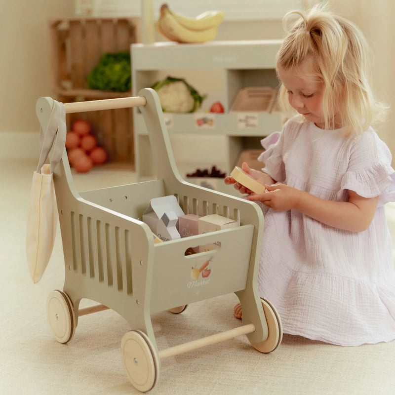 Carello della Spesa in Legno Verde con Accessori - Wooden Shopping Cart Green Essentials