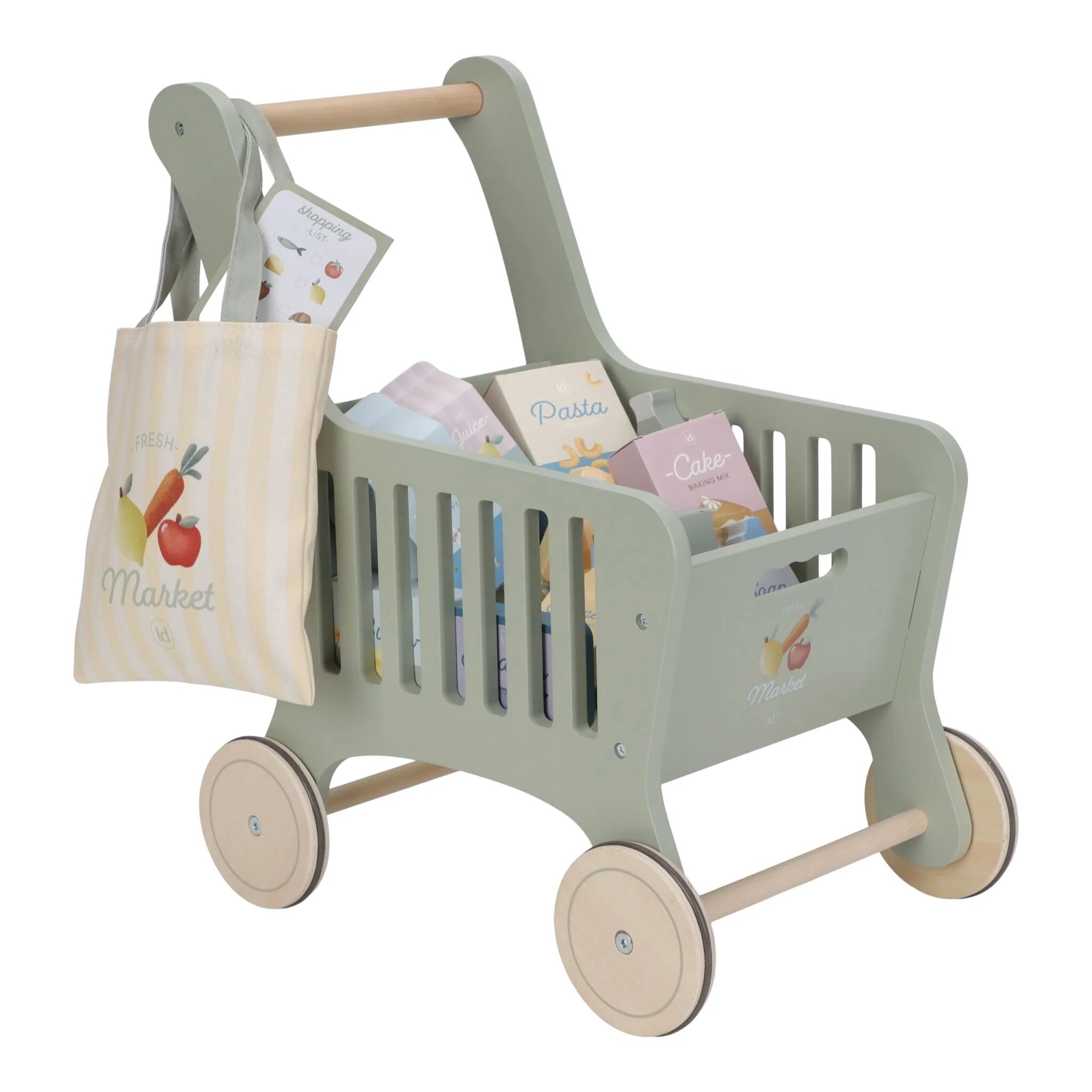 Carello della Spesa in Legno Verde con Accessori - Wooden Shopping Cart Green Essentials