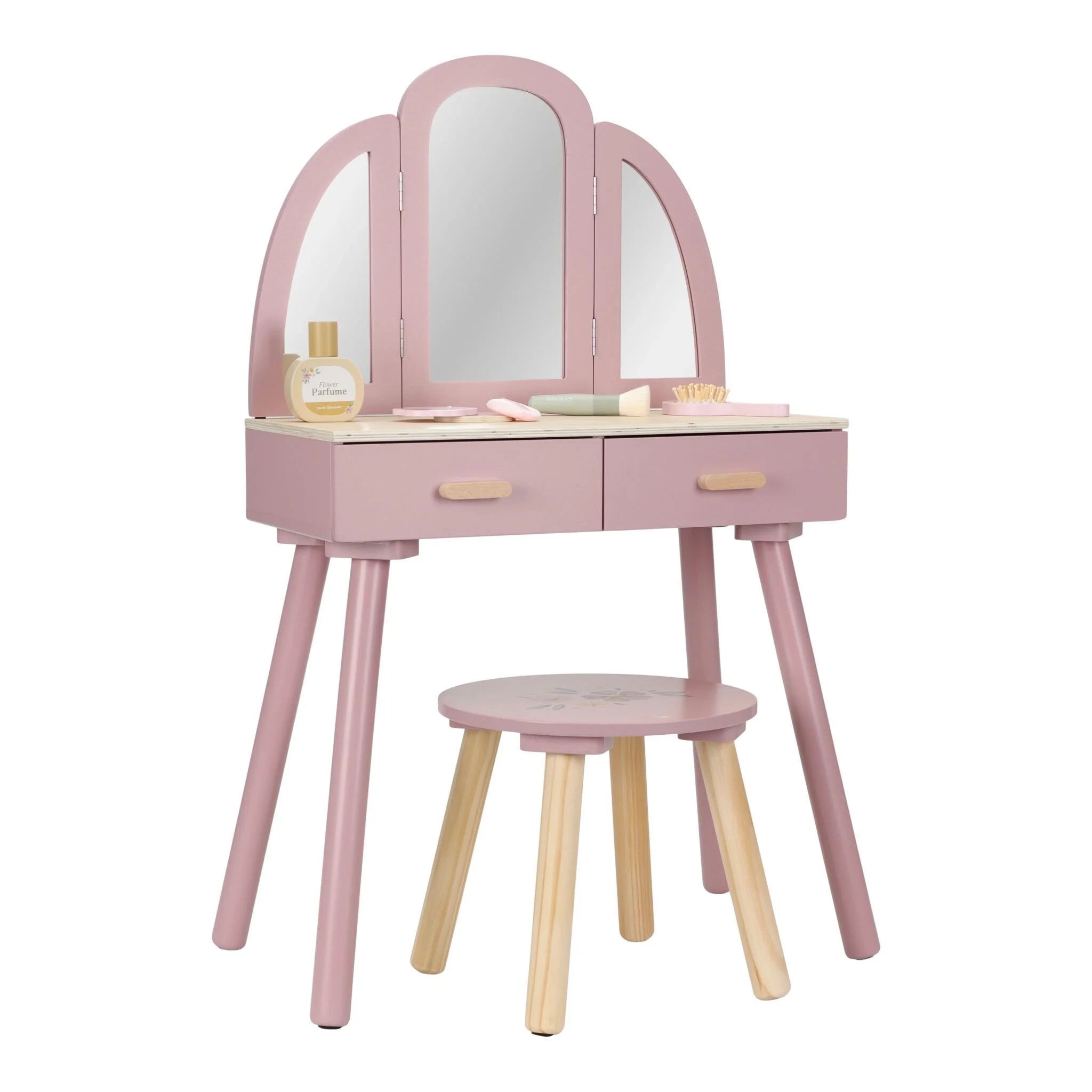Tavolo Toeletta in Legno Rosa con Sedia - Wooden Dressing Table Pink with Chair Essentials