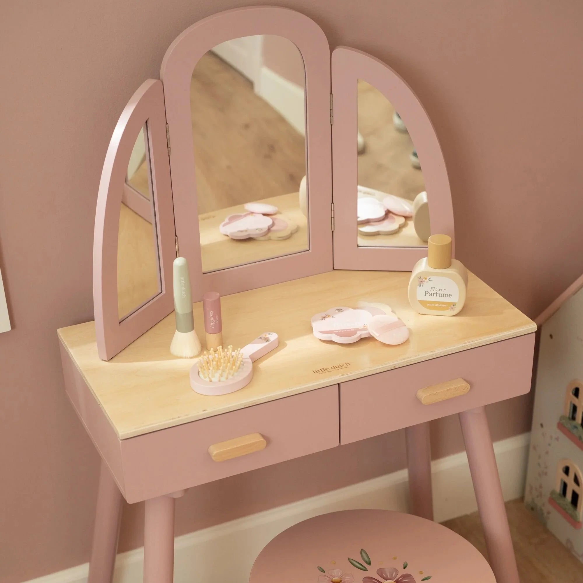 Tavolo Toeletta in Legno Rosa con Sedia - Wooden Dressing Table Pink with Chair Essentials (LD2513)