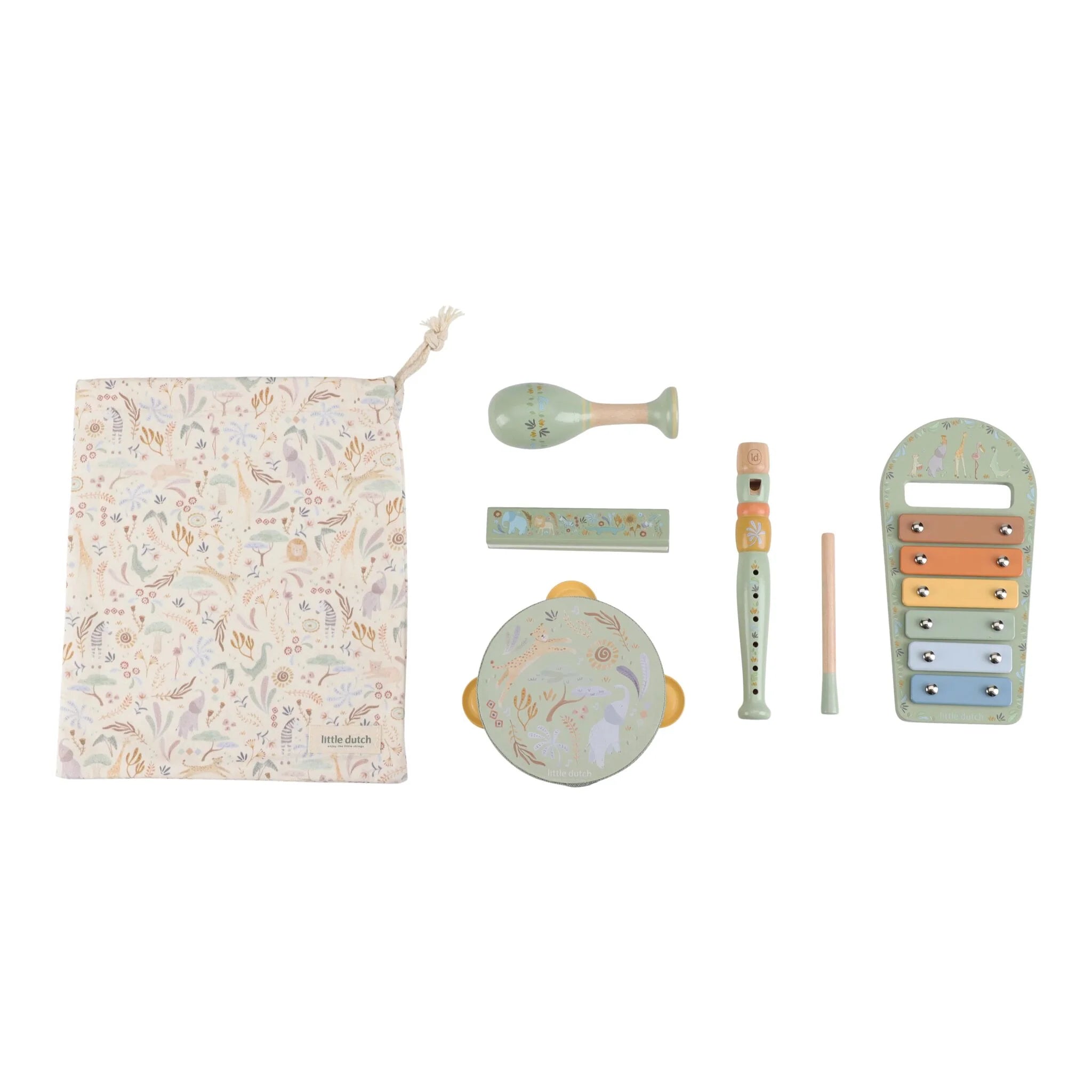 Little Dutch | Set Musicale Xilofono, Tamburello, Maracas, Flauto, Armonica e Sacca Verde Safari Friends | LD7473