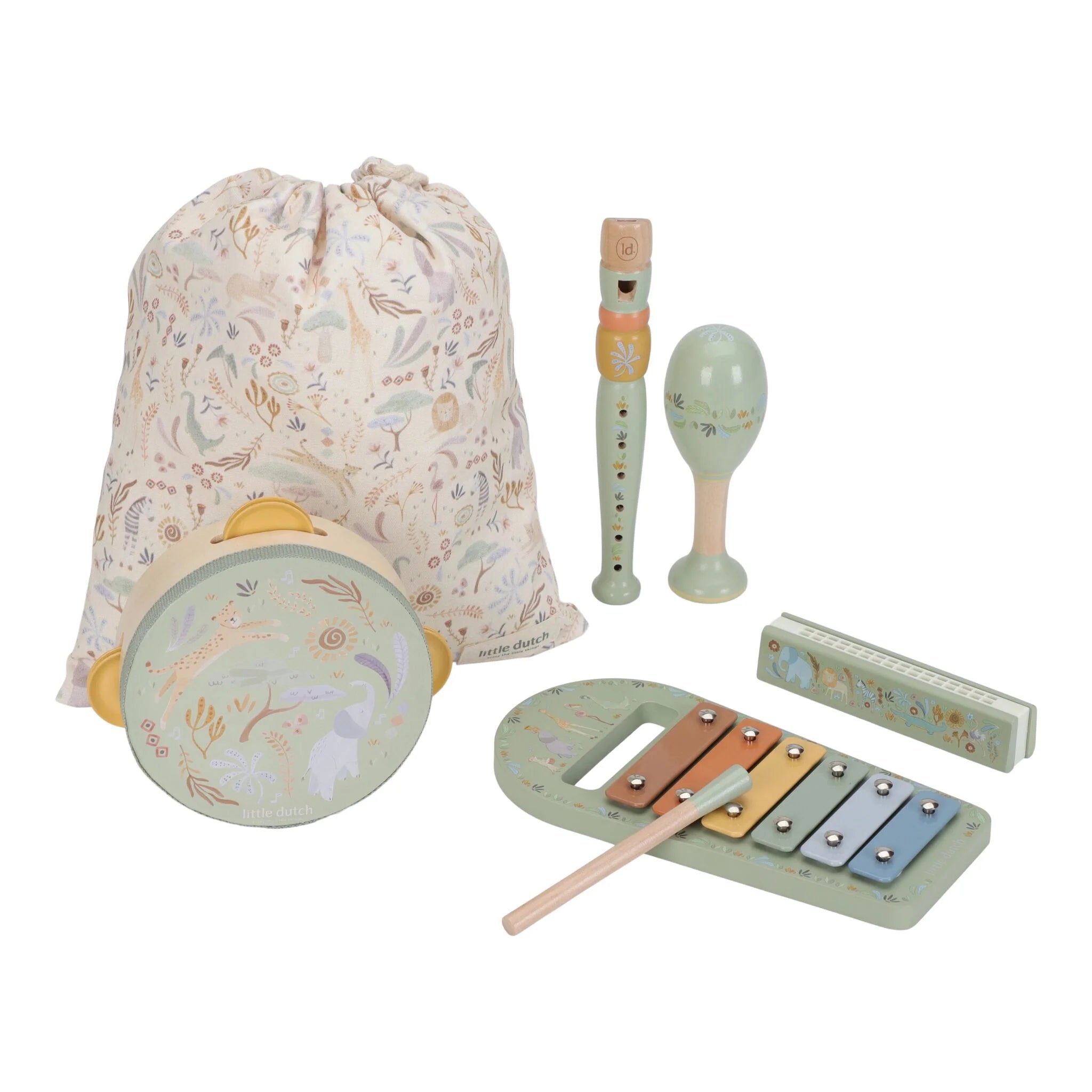 Little Dutch | Set Musicale Xilofono, Tamburello, Maracas, Flauto, Armonica e Sacca Verde Safari Friends | LD7473