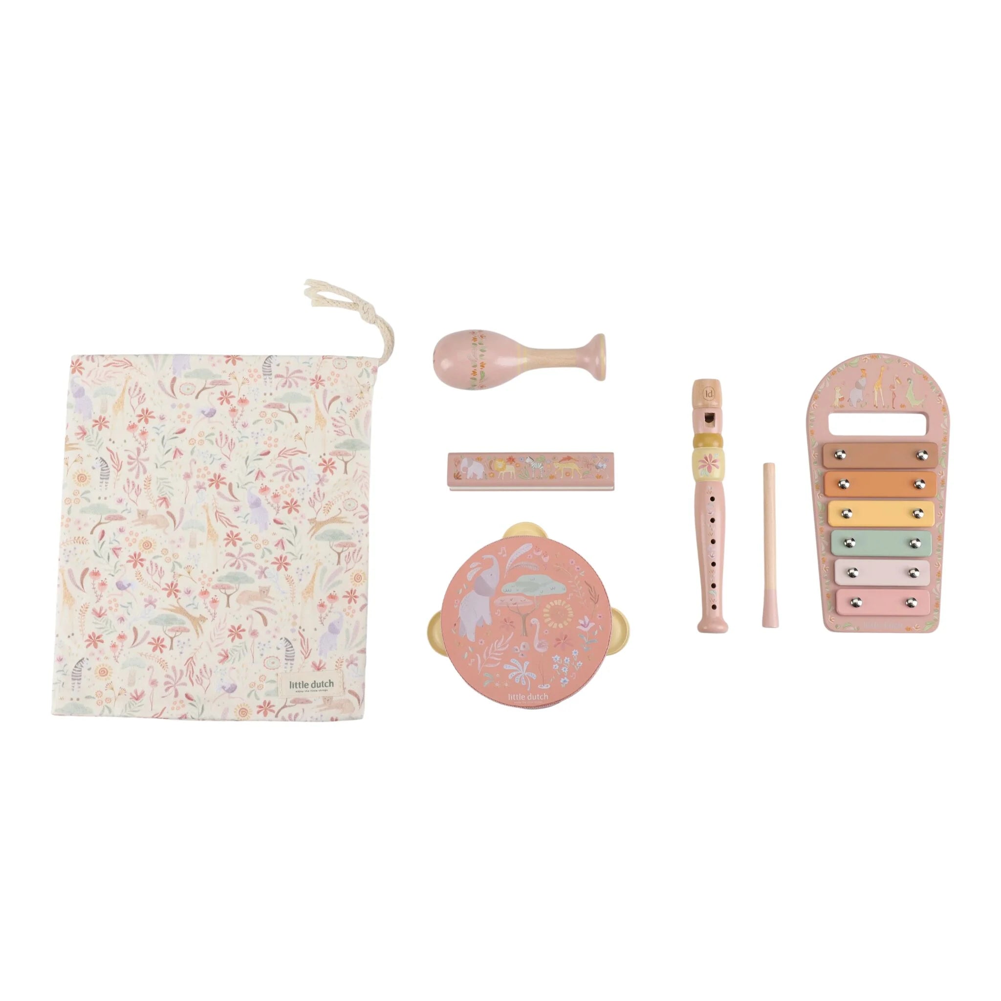 Little Dutch | Set Musicale Xilofono, Tamburello, Maracas, Flauto, Armonica e Sacca Rosa Safari Friends | LD7474