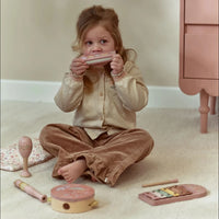 Little Dutch | Set Musicale Xilofono, Tamburello, Maracas, Flauto, Armonica e Sacca Rosa Safari Friends | LD7474