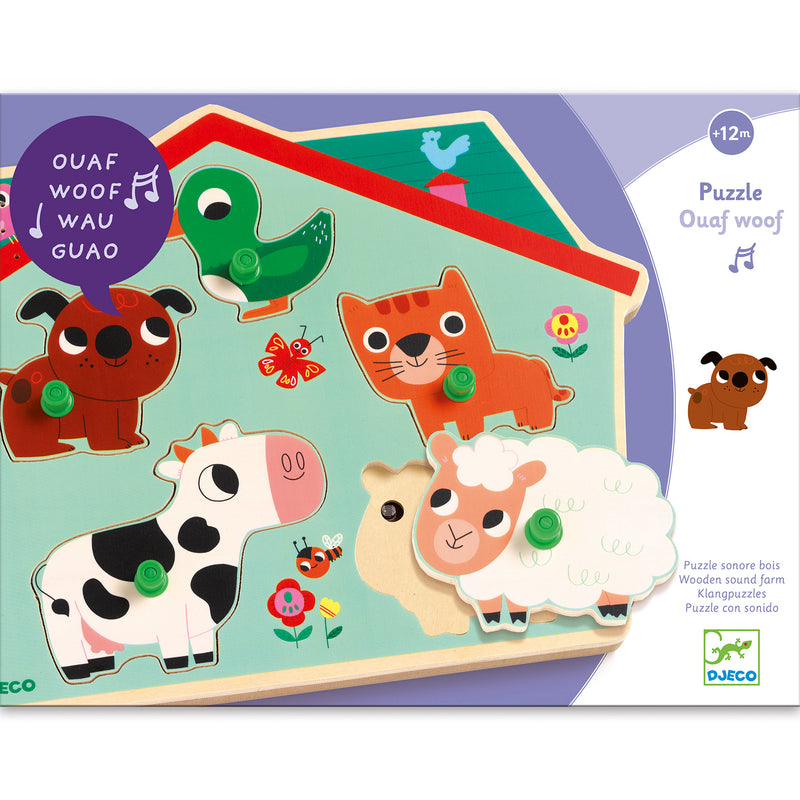 Puzzle Sonoro in Legno Sonoro Ouaf Woof con Animali della Fattoria