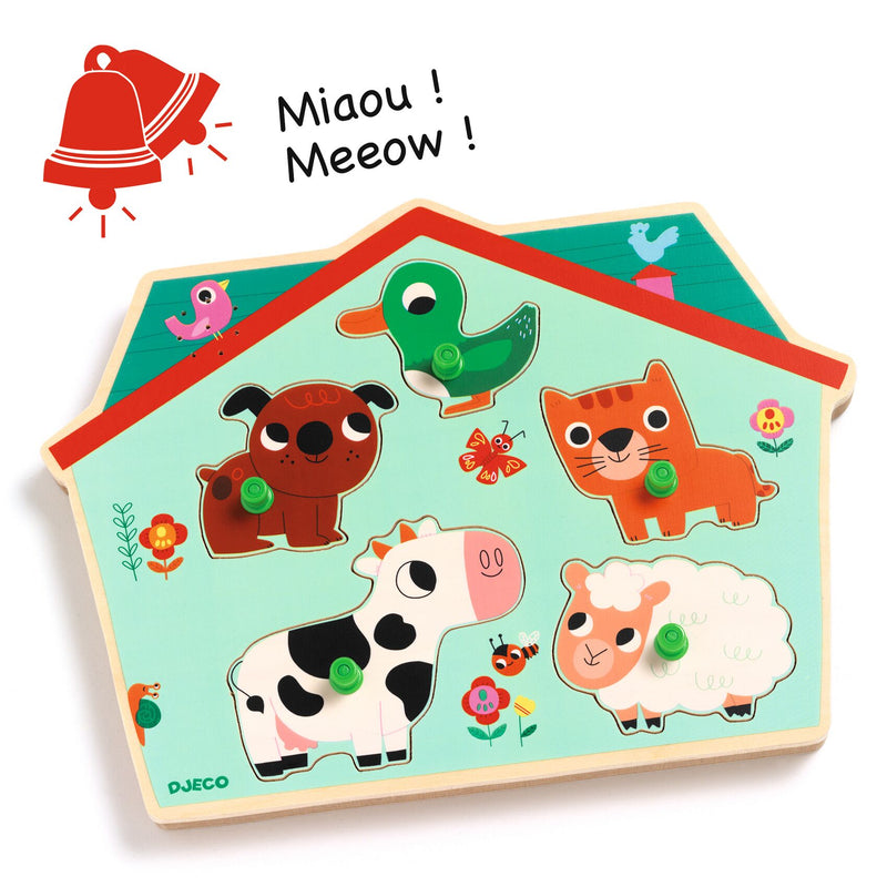 Puzzle Sonoro in Legno Sonoro Ouaf Woof con Animali della Fattoria