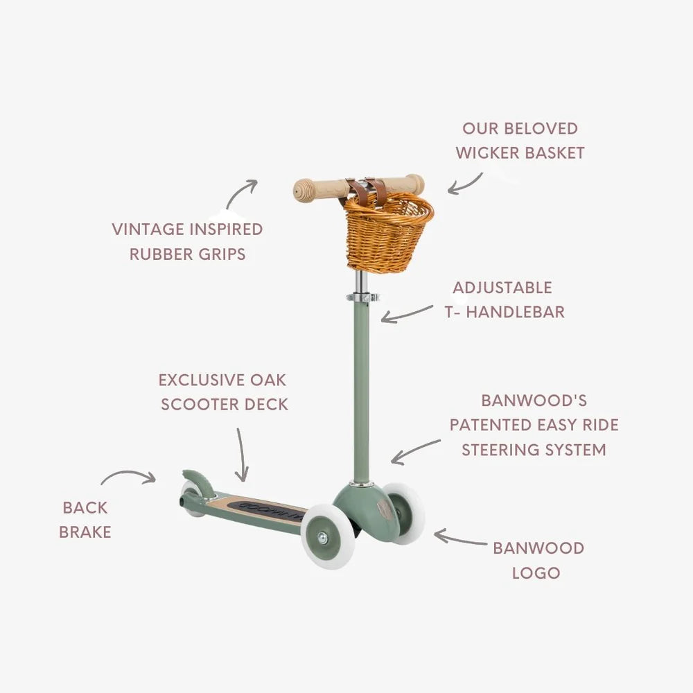 Banwood | Monopattino Verde Foresta Con Cestino Rimovibile 3-6 Anni | BW-SCOOTER-FOREST