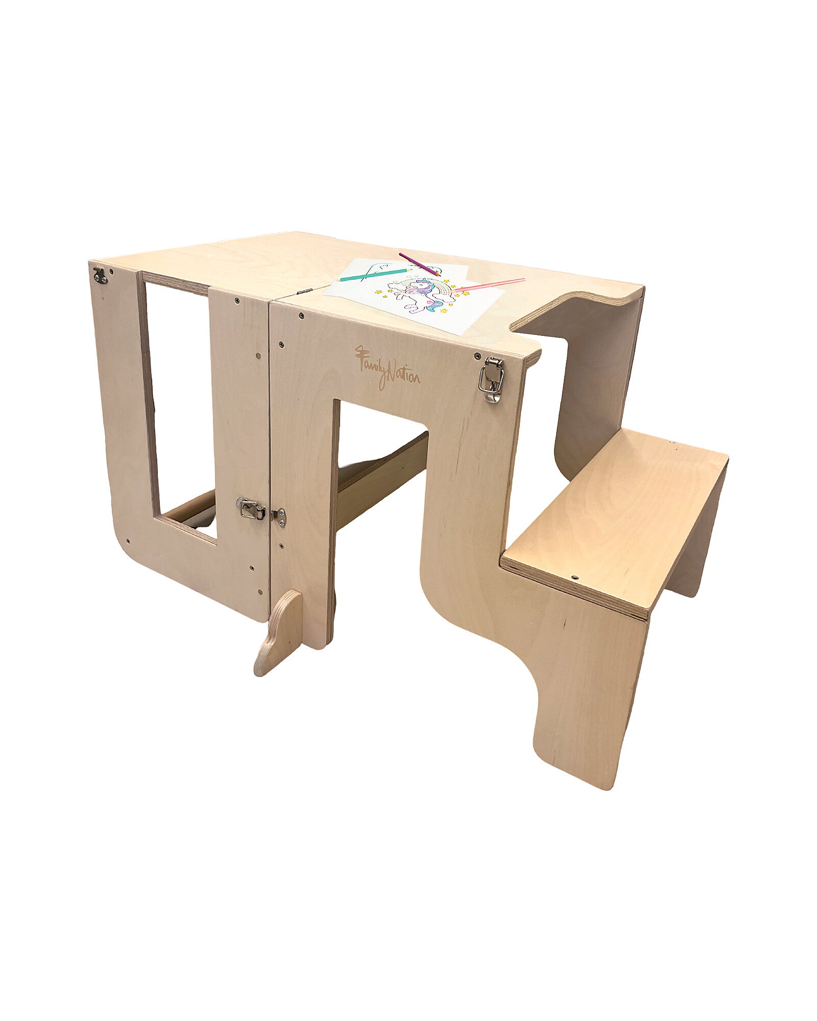 Torre Montessori 3 in 1 Natural Lavagna Magnetica e Convertibile in Tavolo + Sedia