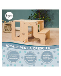 Torre Montessori 3 in 1 Natural Lavagna Magnetica e Convertibile in Tavolo + Sedia