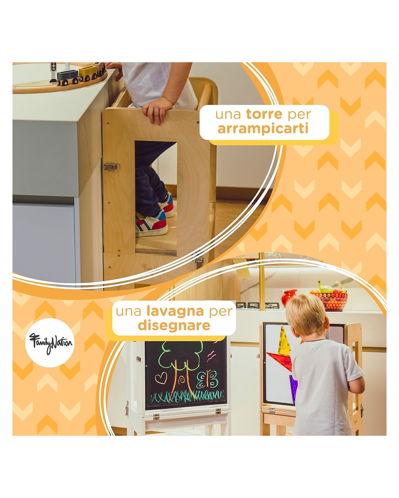 Torre Montessori 3 in 1 Natural Lavagna Magnetica e Convertibile in Tavolo + Sedia