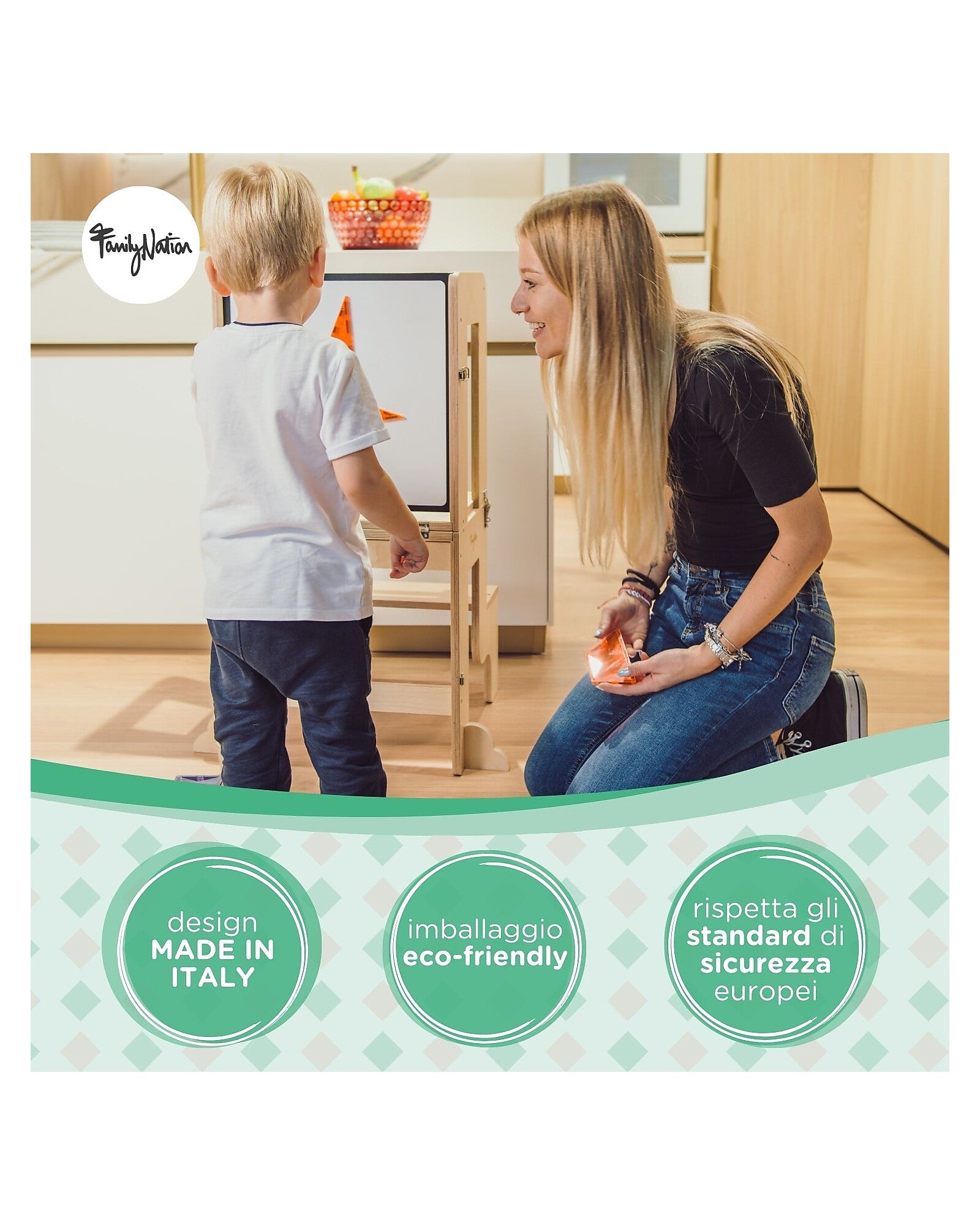 Torre Montessori 3 in 1 Natural Lavagna Magnetica e Convertibile in Tavolo + Sedia