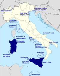 Mappa delle isole italiane, evidenziando l'arcipelago delle isole Lampedusa e Isole, Supplemento Spedizione Lampedusa e Isole.